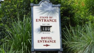 Sign at the entrance of an attraction, with dense greenery around. It reads "Tower of Terror, Stand By Entrance, Wait Time 180 Minutes, Hotel Entrance" with an arrow pointing right.