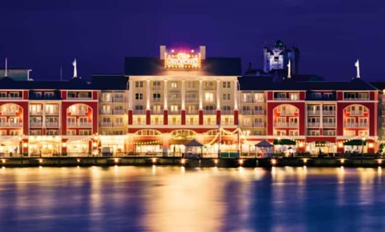 The exterior of Disney's BoardWalk Inn at night