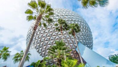 View of a large geodesic sphere with triangular patterns against a partly cloudy sky, surrounded by tall palm trees. The base of the sphere features a curved structure.