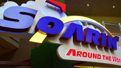 Soarin' Around the World entrance sign with clouds and a yellow arc at Epcot, welcoming thrill-seekers and Disney fans. Soarin’ Across America EPCOT opening date