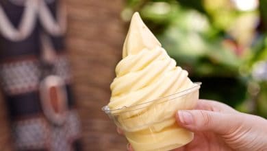 A hand holds a cup of creamy, yellow soft-serve ice cream with a swirled top; the background features greenery and a tiki-style design, capturing the fun of vegan meals at Disneyland.