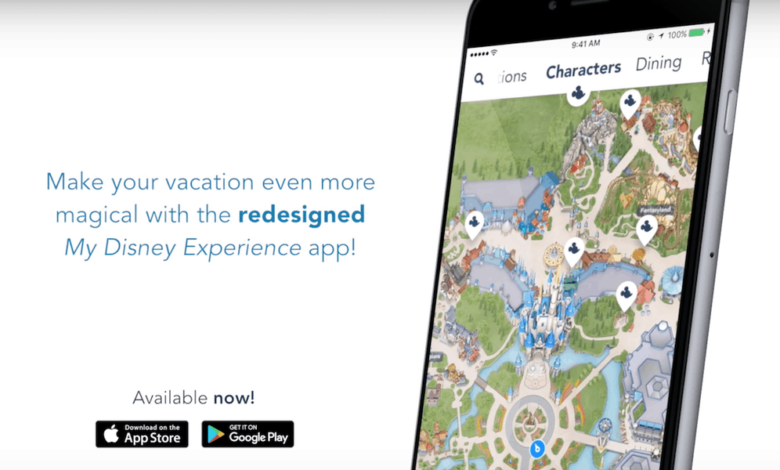 Partial smartphone screen displays a colorful Disney park map. Text reads, "Make your vacation even more magical with the redesigned My Disney Experience app!" App Store and Google Play logos are shown below with "Available now!.