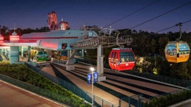 A nighttime view of the Disney Skyliner gondola station, illuminated by station lights, with colorful cable cars arriving and departing.
