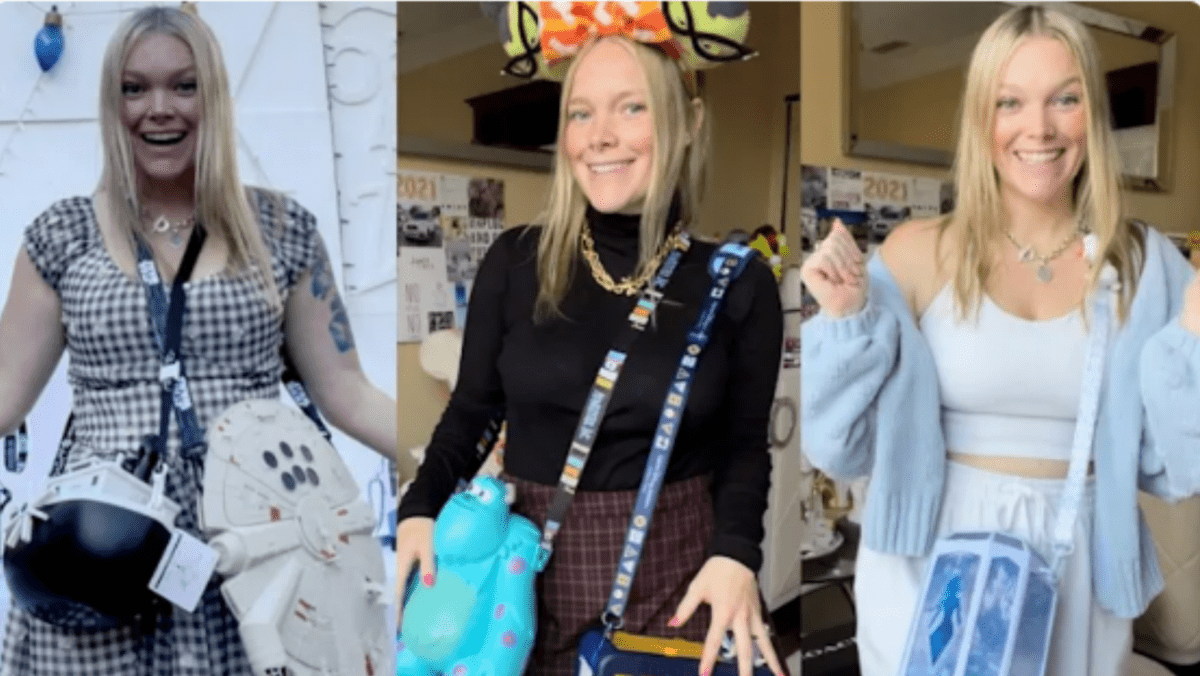 woman with disney popcorn buckets