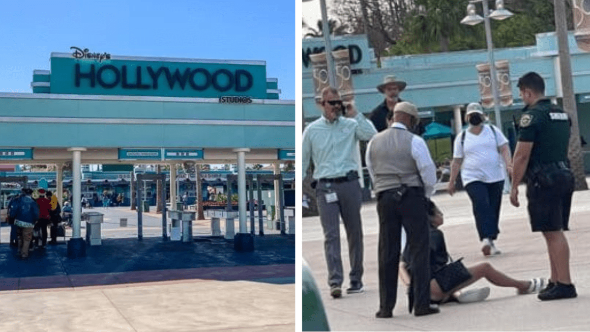 woman in handcuffs at hollywood studios and hollywood studios entrance sign