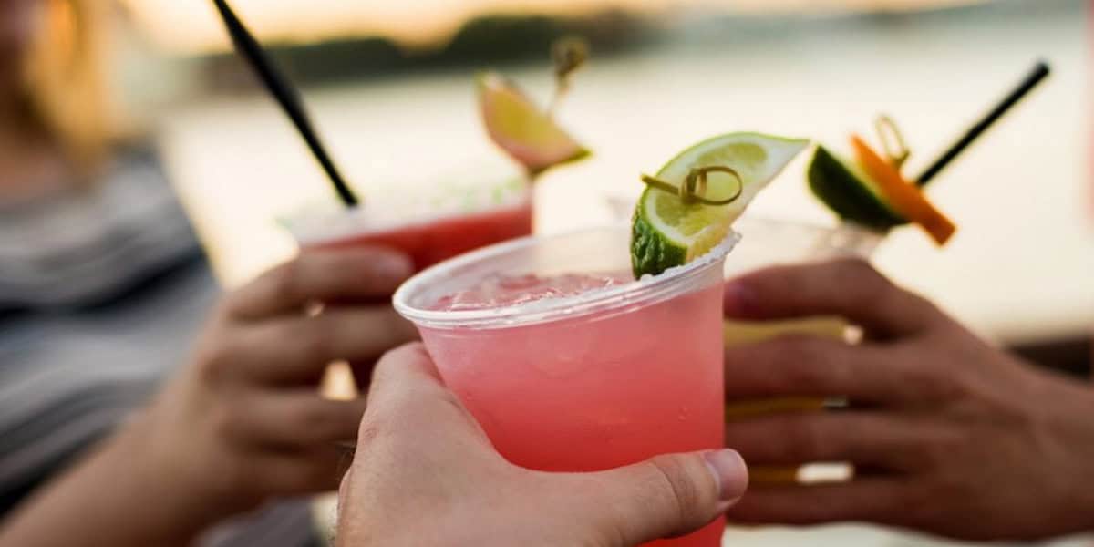 Three hands holding colorful cocktails in Hollywood Studios with fruit garnishes and straws, toasting together outdoors near water. The blurred background suggests a relaxed, social setting perfect for enjoying vibrant drinks.