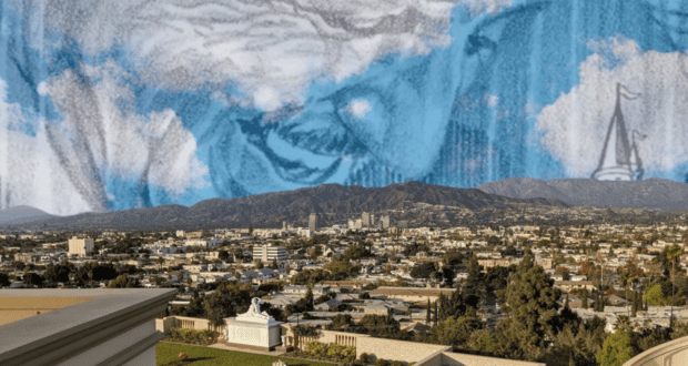 walt disney looks down on burbank california from the sky