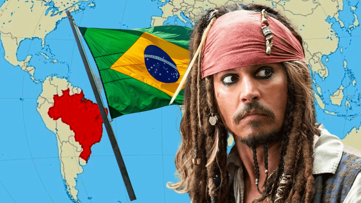 world map with brazil highlighted brazilian flag captain jack sparrow
