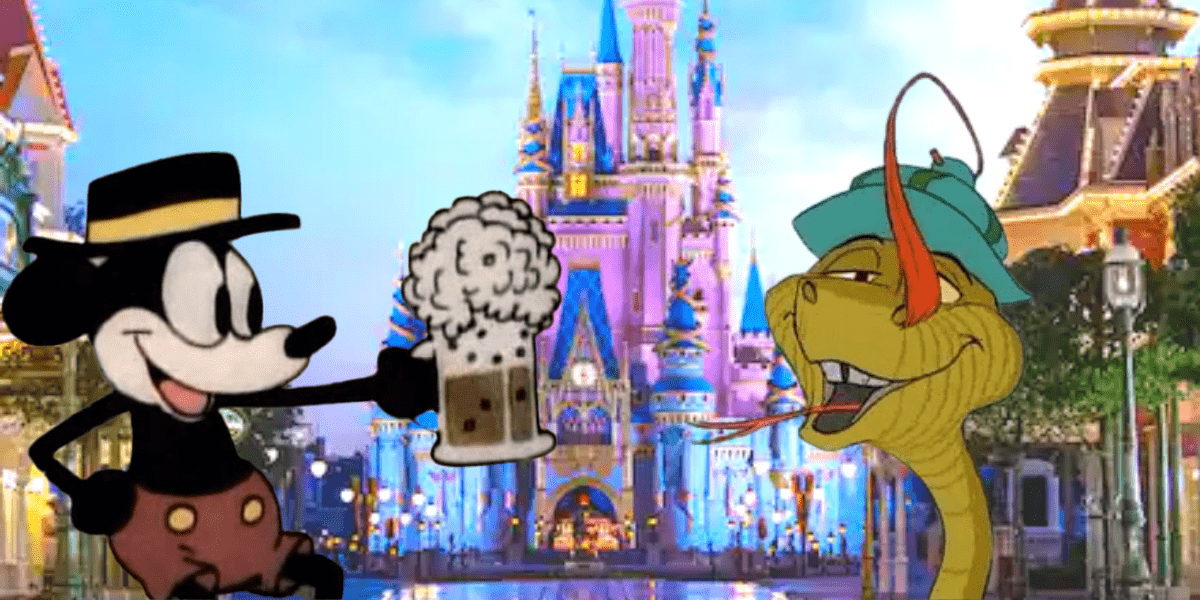 mickey mouse with beer cinderella castle and sir hiss the snake