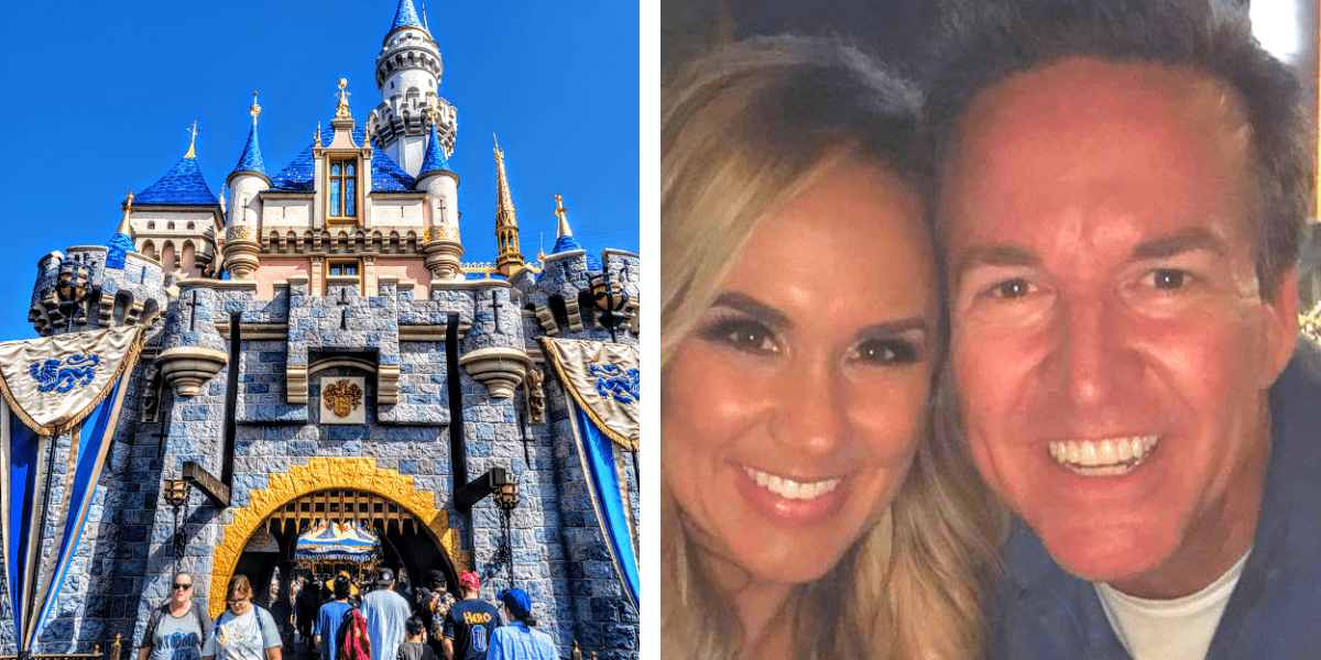 sleeping beauty castle and couple smiling