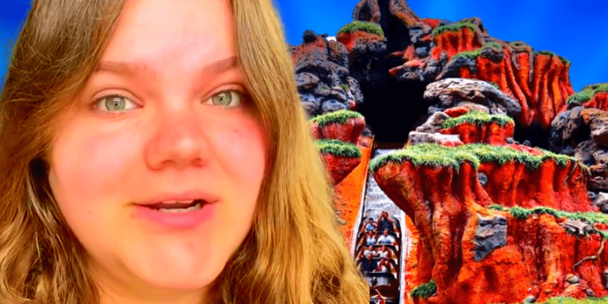 woman and splash mountain attraction