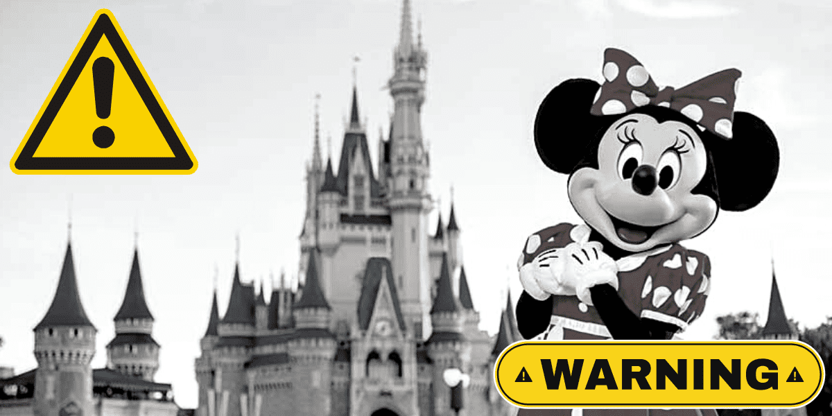 minnie in front of the cinderella castle, warning signs