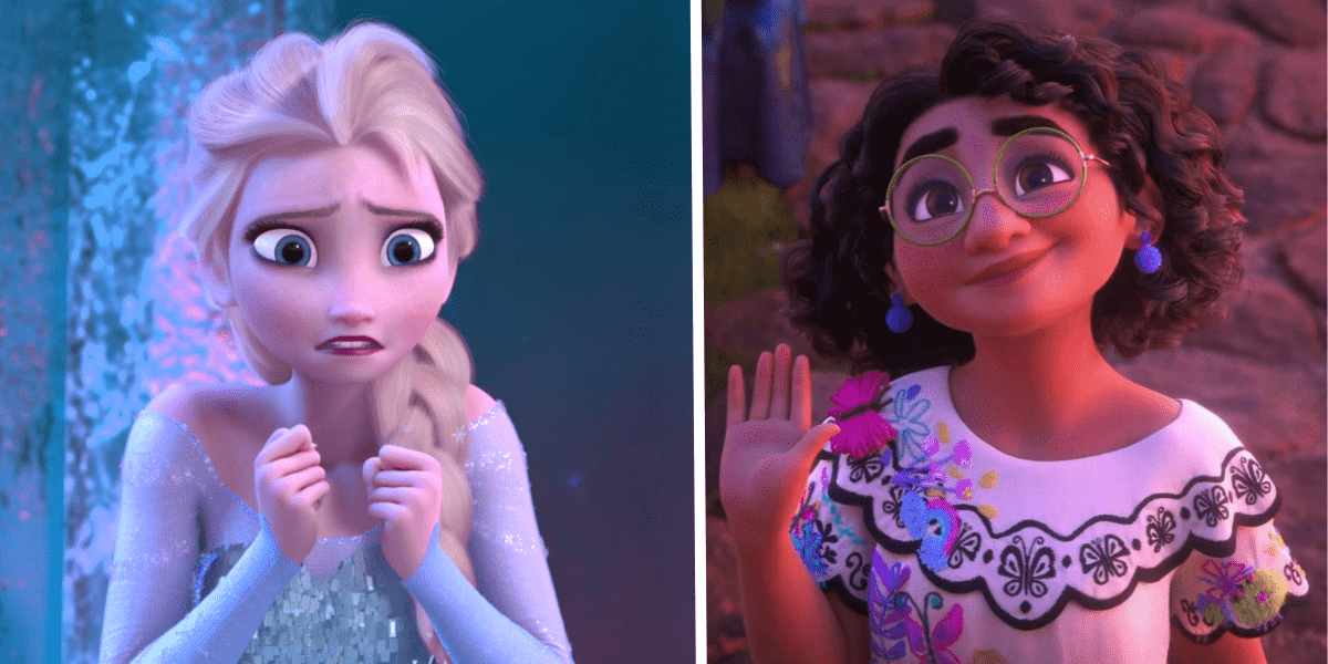 elsa looking worried, mirabel waving and smiling