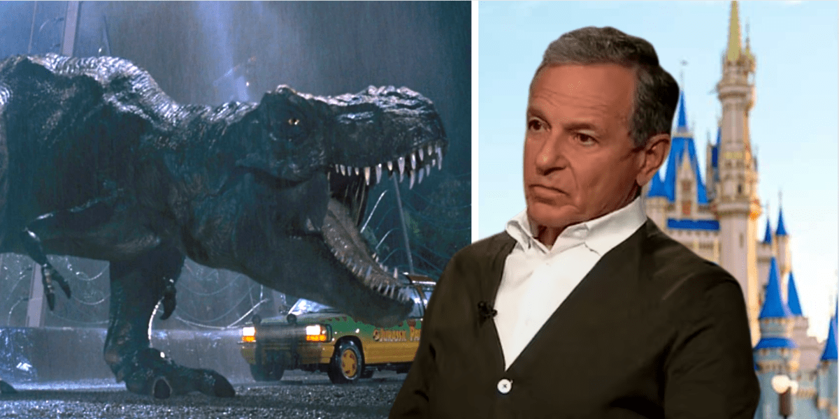 jurassic park trex (left), Bob Iger looking sour (right)