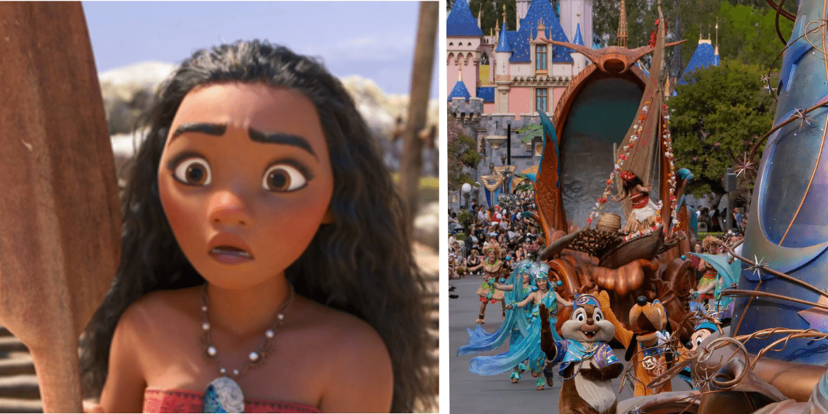 moana looking shocked (left), magic happens parade (right)