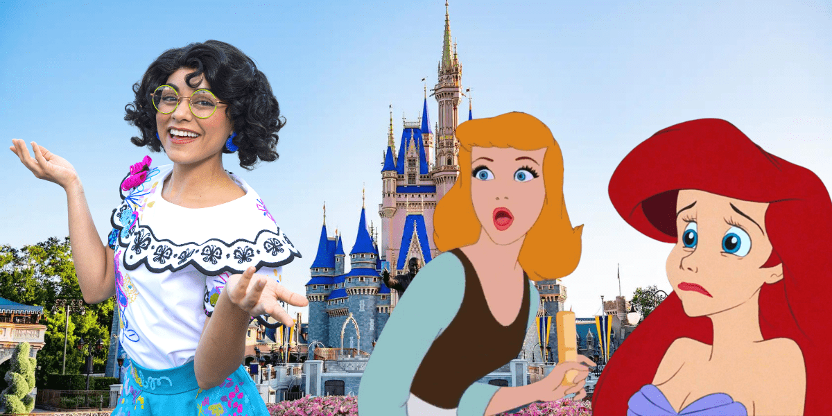 mirabel face character shrugging her shoulders, Cinderella looking shocked, Ariel crying
