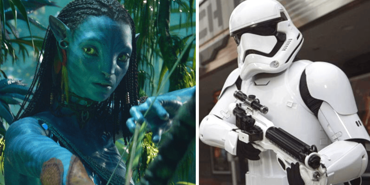 neytiri holding a bow (left), stormtrooper holding a gun (right)