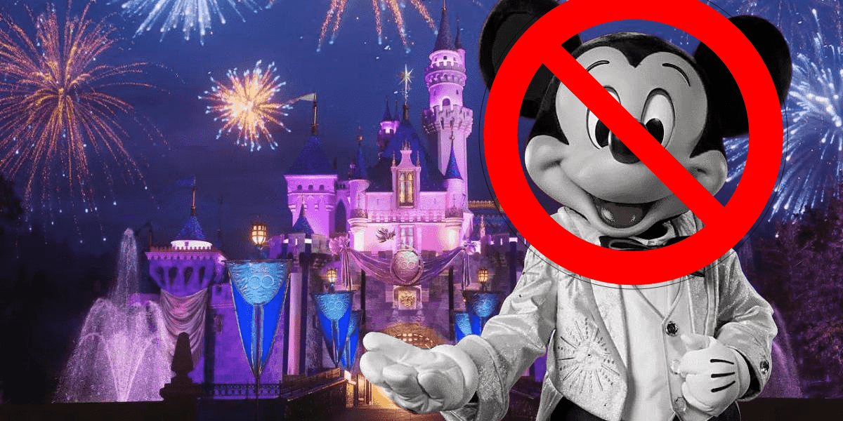 mickey in black and white, prohibited sign over him, sleeping beauty in the background