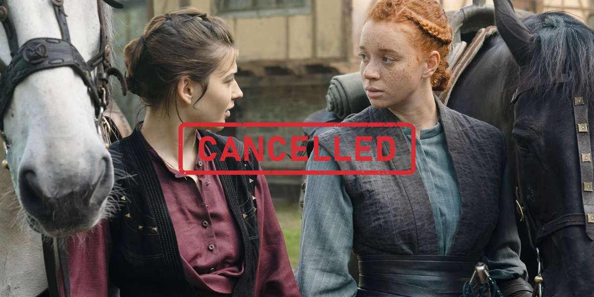 a light woman with braided brown hair in plain medieval clothes beside a mixed woman with red curly hair and freckles with a black and white horse