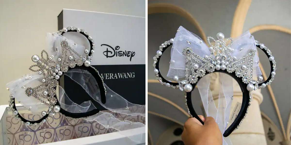 the vera wang crystal tiara minnie ears with viewl with black box and held by a brown hand