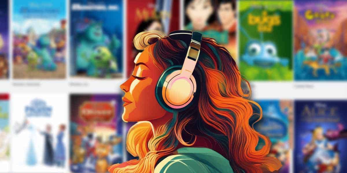 A colorful illustration of a woman with headphones, eyes closed, enjoying a Disney summer playlist, set against a blurred background of animated movie posters.