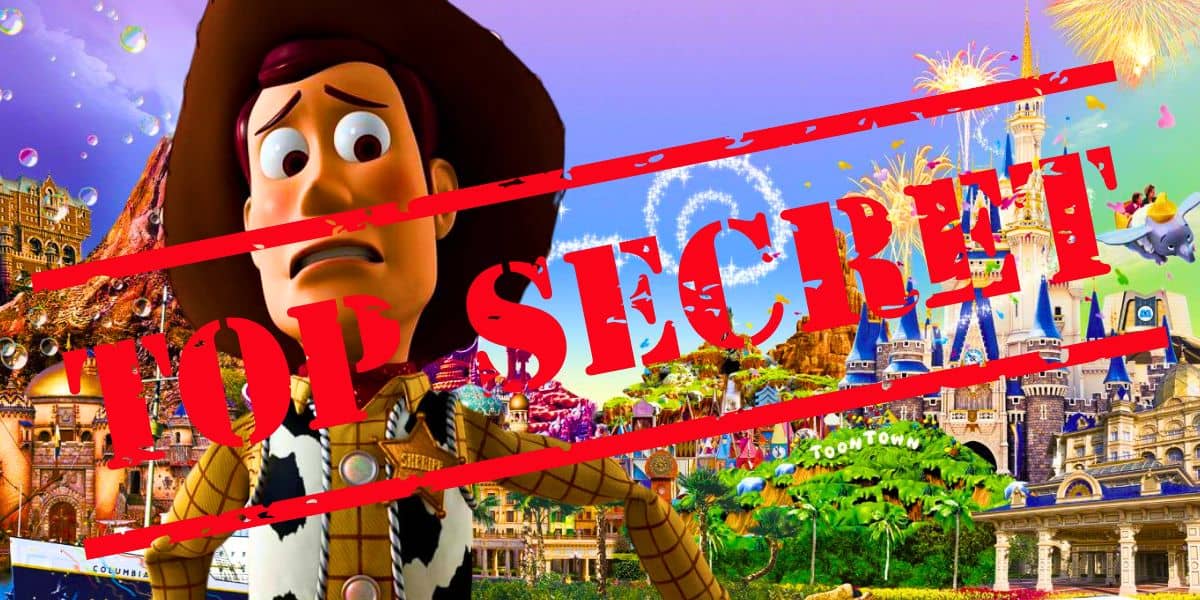 disney theme park woody with cowboy hat and words that read top secret in red