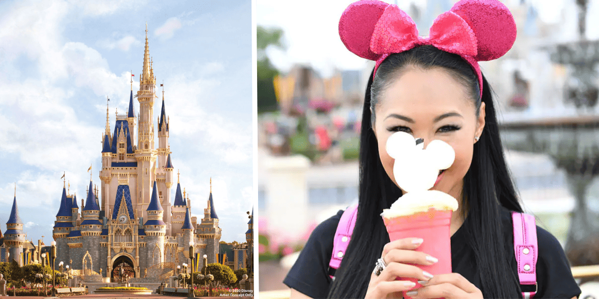 On the left, a majestic castle against a blue sky. On the right, a Disney guest wearing pink mouse ears holds a pink beverage with a Mickey Mouse-shaped topper, partially obscuring their face, at a theme park.