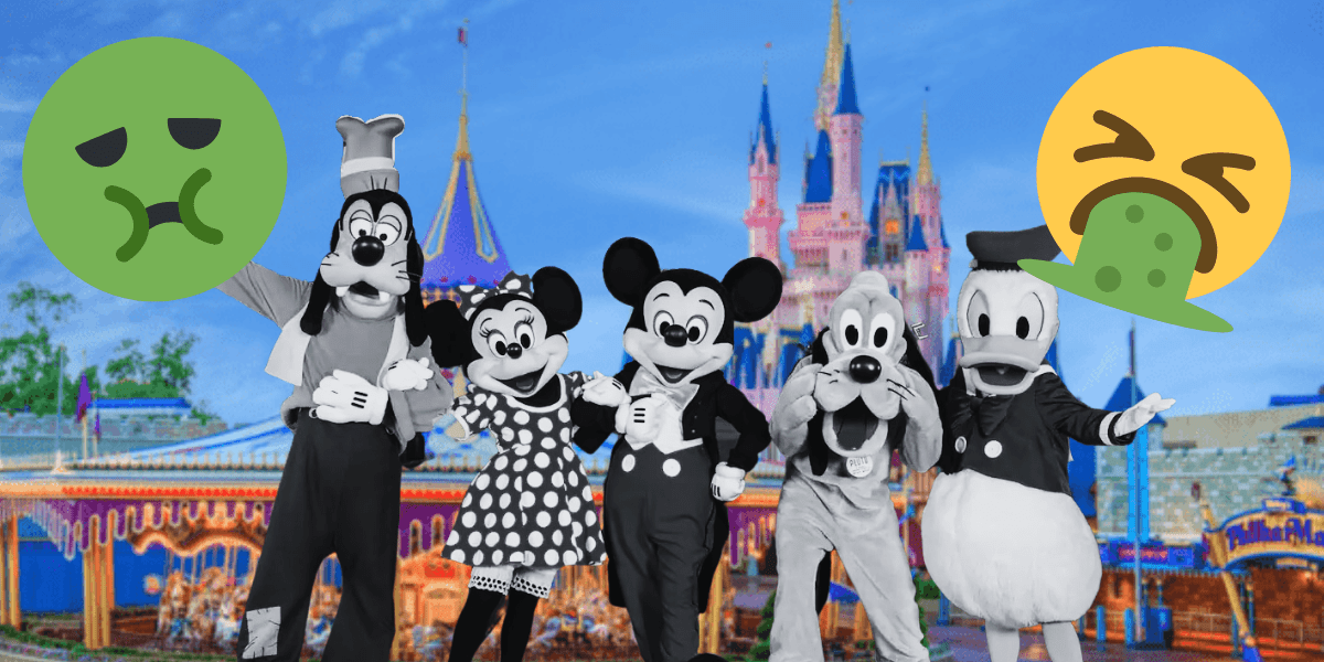 disgusted emojis in each corner, Goofy, Minnie Mouse, Mickey Mouse, Pluto, and Donald Duck in black and white, Magic Kingdom in the background