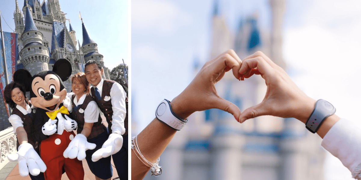 mickey with cast members (left), guests' hands making a heart in front of cinderella castle (right)