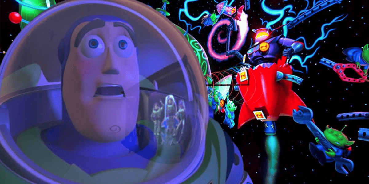 buzz lightyear looking shocked and upset, evil emperor zurg from Buzz Lightyear attraction in the back