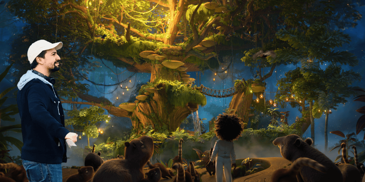 lin manuel miranda and a scene from Disney's encanto in colombia