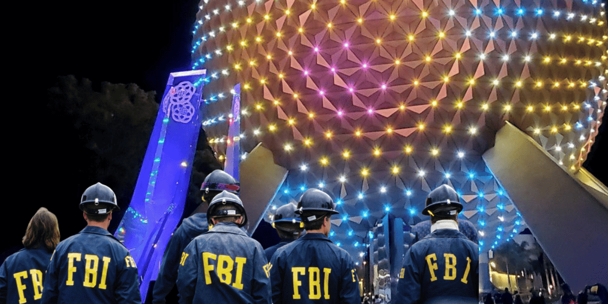 fbi agents walking toward the spaceship earth structure at epcot at disney world