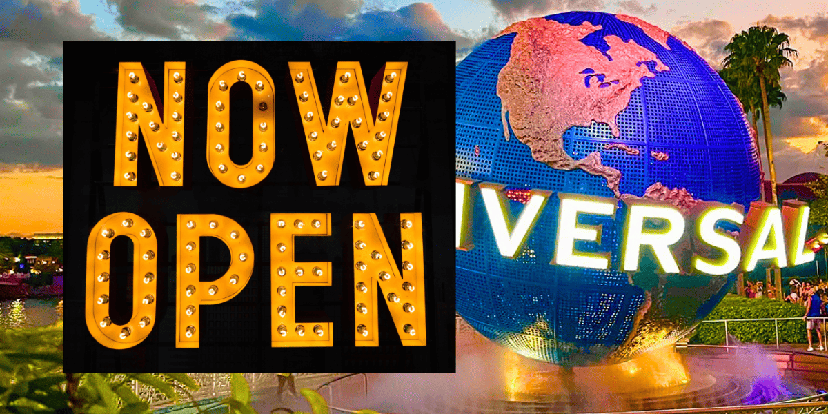 now open sign next to universal studios orlando resort globe