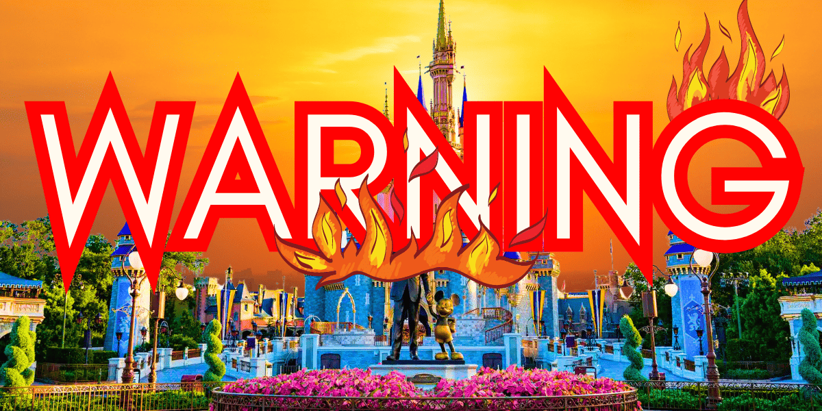 disney world cinderella castle and the words warning with flames around them