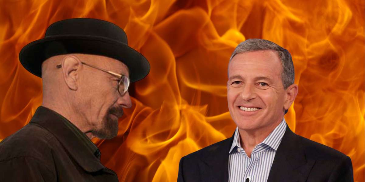 Bryan Cranston staring at Bob Iger with a flame background