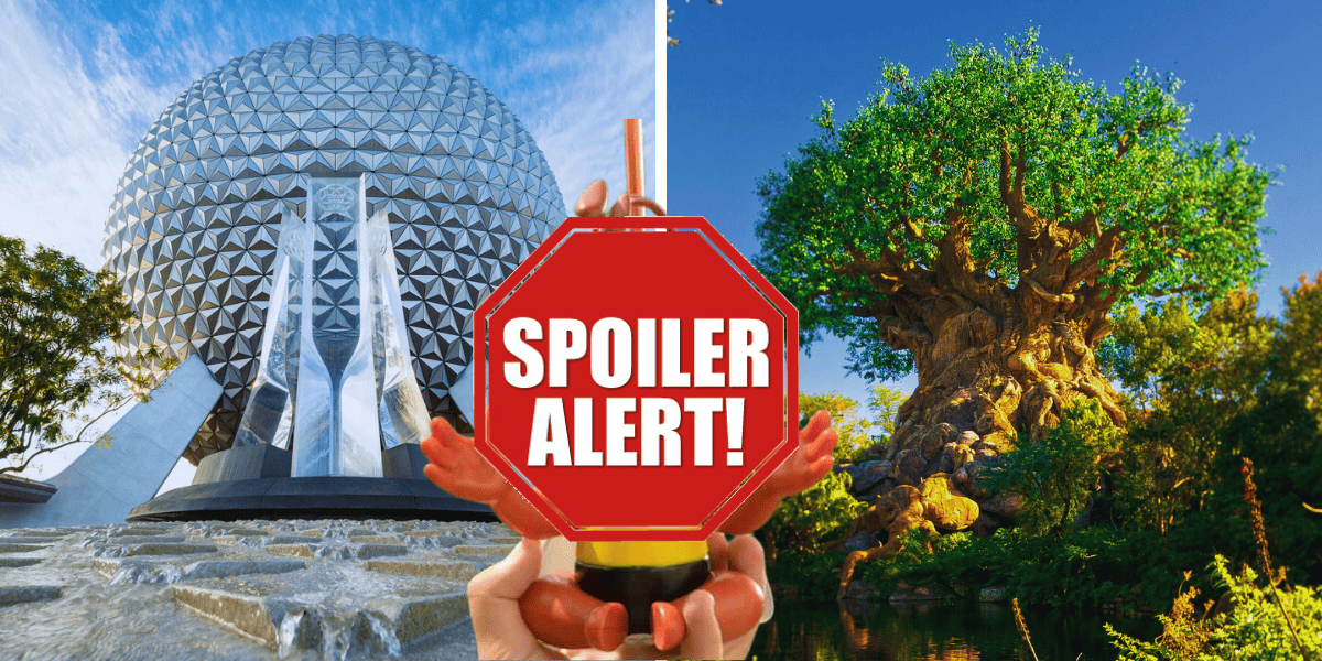 sipper standing in front of epcot and animal kingdom, censored with a "spoiler alert" stop sign