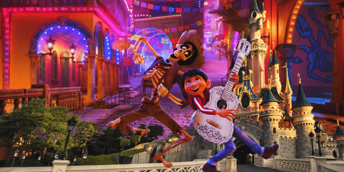 Coco characters outside Disneyland Paris castle