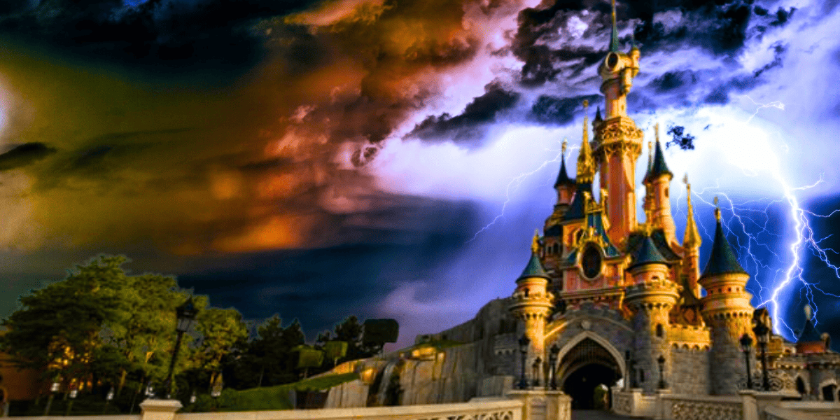 disneyland paris sleeping beauty castle in thunderstorm with lightning