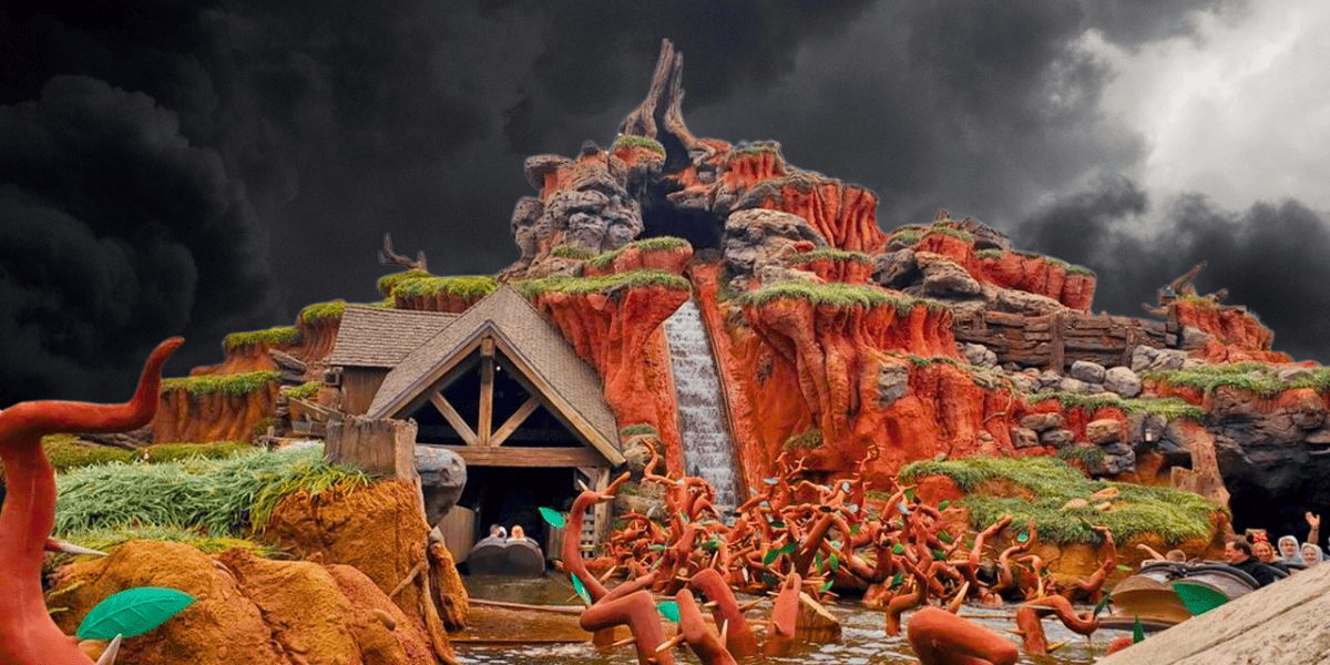 dark ominous clouds over magic kingdom's splash mountain
