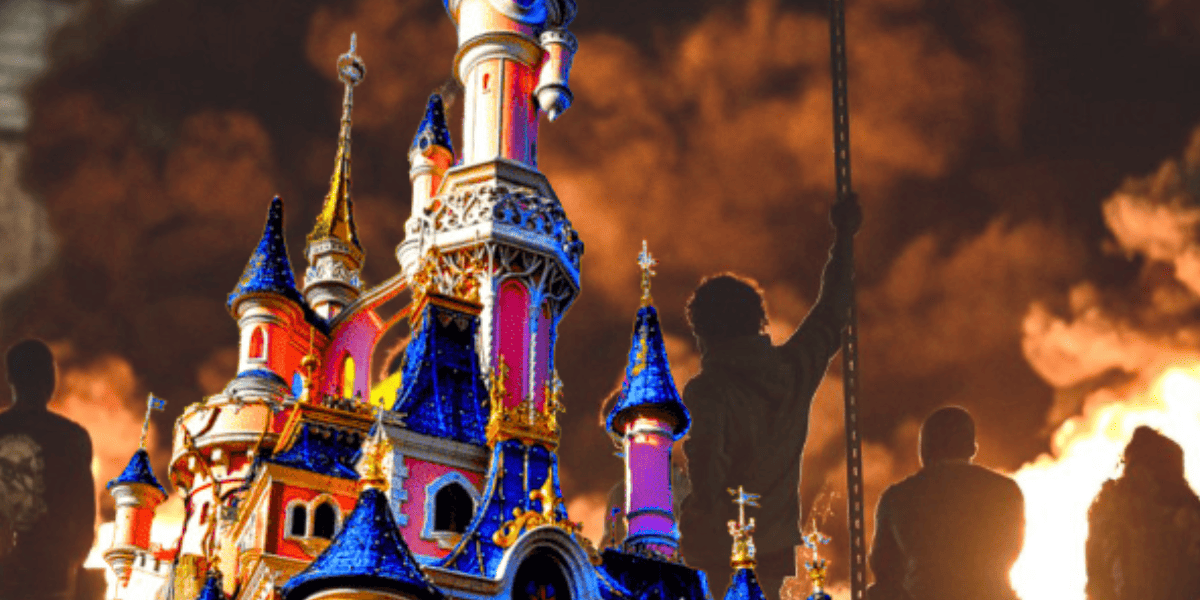 disneyland paris sleeping beauty castle fires protestors riots
