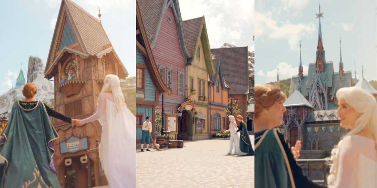 hong kong disneyland world of frozen queen elsa princess anna wandering oken sliding sleigh forzen world summer snow day theme park ice palace frozen kingdom