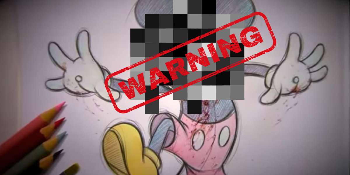 Painting of Mickey Mouse, blurred out with Warning Sign