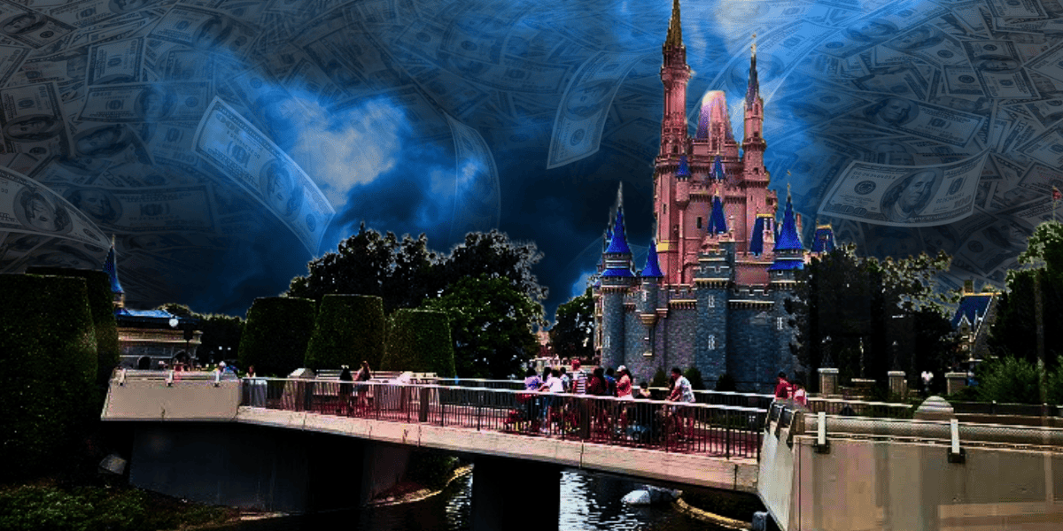 disney world magic kingdom cinderella castle money swirling dark clouds