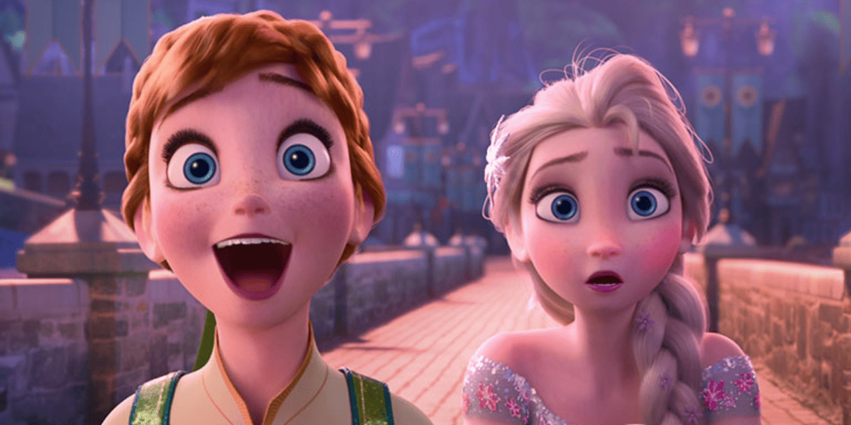 anna looking excited (left), Elsa looking confused (right), Frozen Fever