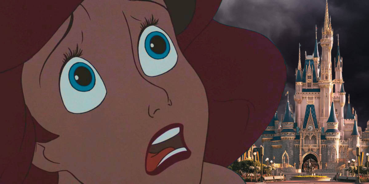 Animated character Ariel from "The Little Mermaid," with a worried expression and wide eyes, is shown in the foreground. In the background, there is a lit-up Cinderella Castle at Walt Disney World at dusk, creating an eerie yet enchanting scene that hints at a Disney accident about to unfold.