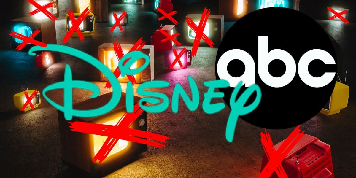 disney abc logos and room of televisions with x marks on them