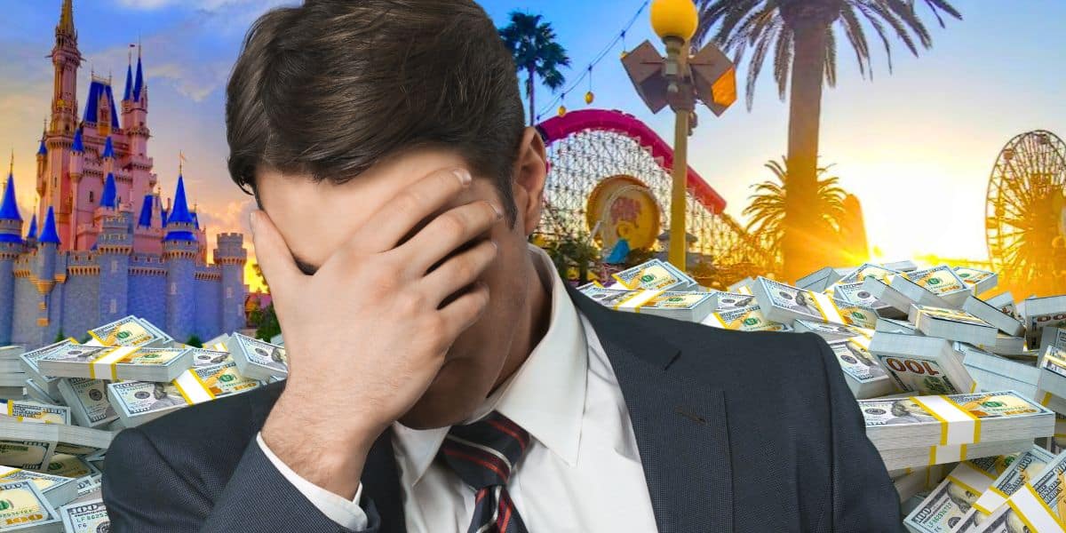 cinderella castle at disney world piles of money pixar pier at disneyland california man with head in his hands