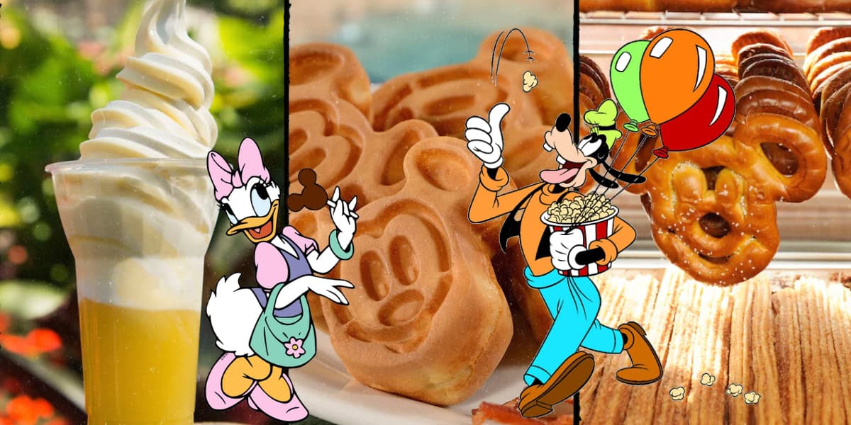 A delightful montage of Disney Snacks: a creamy swirl of pineapple Dole Whip, Mickey Mouse-shaped waffles, crunchy pretzels, and churros. Daisy Duck stands to the left, and Goofy joyfully holds popcorn and balloons to the right.