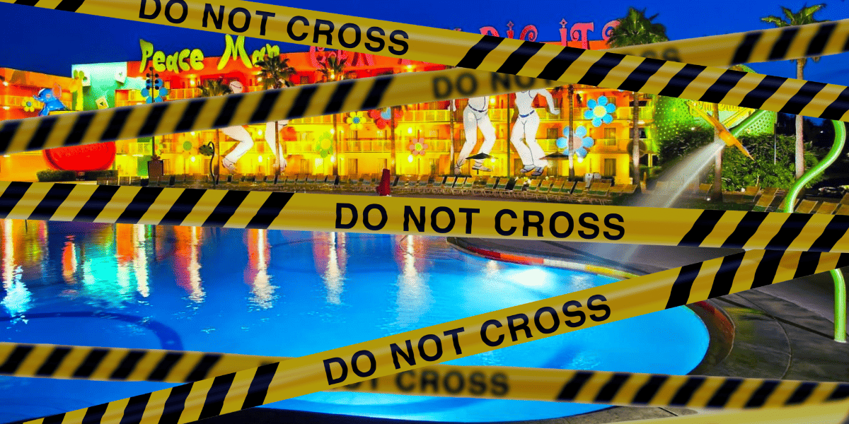 pop century resort pool, caution tape across the screen