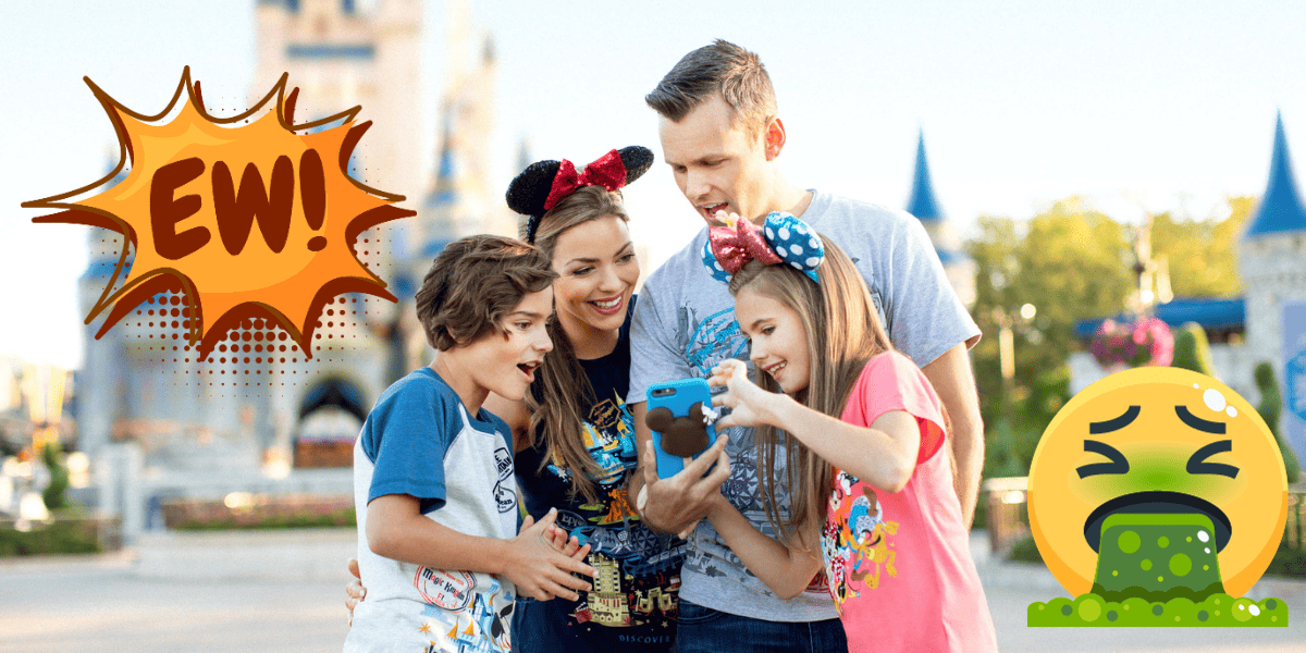 family visiting magic kingdom, "EW" graphic in the upper left corner, throwing up emoji in bottom right corner